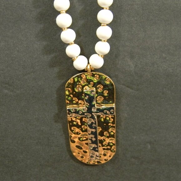 Cross Necklace Contemporary Gold/Silver with White Beads NEW - Picture 2 of 10